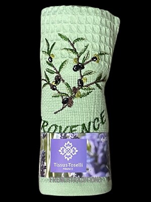 Waffle-Weave Towel Provence Olives Green.  Designed in France, Made in Turkey