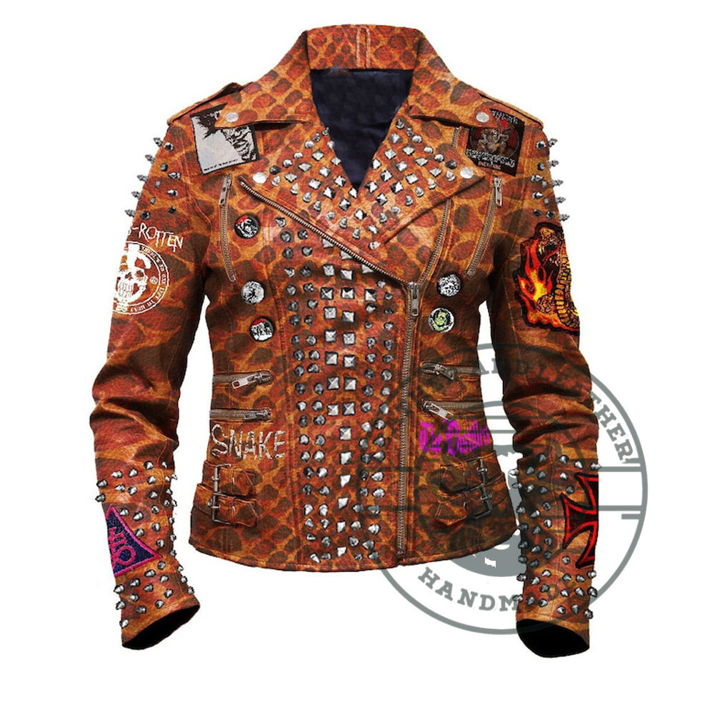 Women's Cobra Print Biker Jacket with Rivets & Studs in Cow Leather