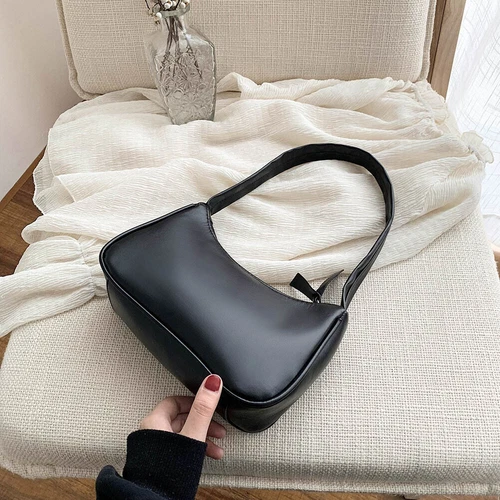 Bolso de hombro de cuero PU suave para mujeres color liso moda negro - Imagen 10 de 12