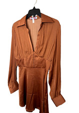 Urban Outfitters Phoebe Corseted Shirt Mini Dress Long Sleeve Brown Satin Size M