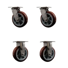 6 Inch 316SS Polyurethane Caster Set with Delrin Bearings 2 Swivel 2 Rigid SCC