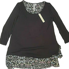 Lauren Conrad LC Womens Tunic Blouse Size M Black Floral 100% Rayon L/S Darling!