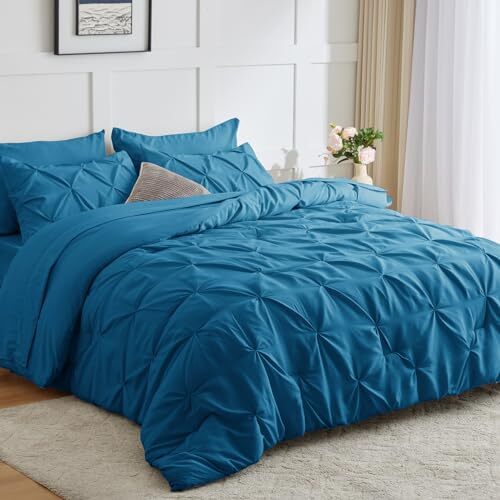 Comforter Set 7 Pieces Bed in a Bag Size Pintuck Pinch Pleat Bedding Full Teal-image