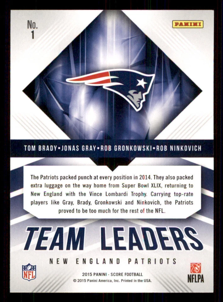 2015 Score Team Leaders Gold #1 Jonas Gray/ Gronkowski/Rob Ninkovich/Tom Brady - Image 2 of 2