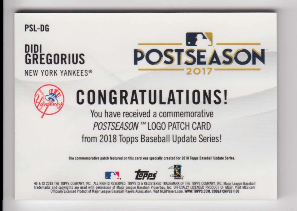 2018 Topps Update MLB Postseason Logo Manufactured Patch Didi Gregorius New York - Image 2 of 2