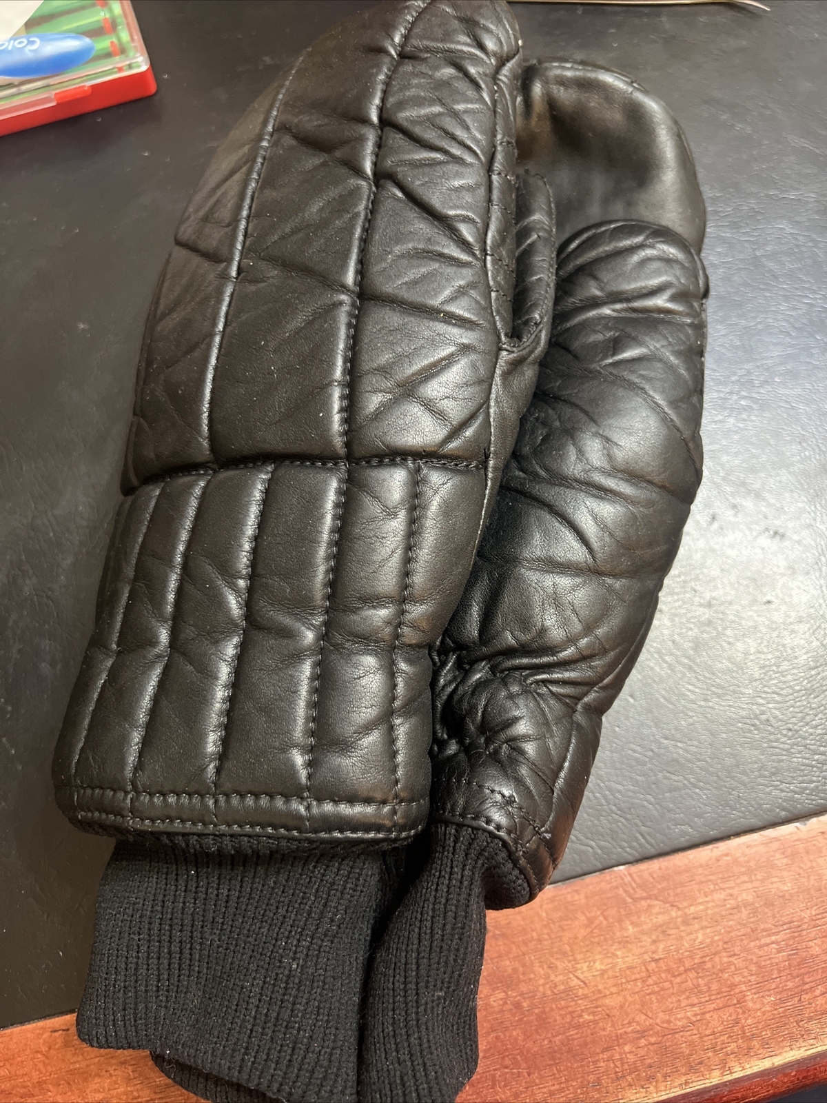 Vintage Grandoe Black Leather Ski Mittens Men's Large Size Great
