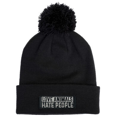 Bommelmütze Love Animals Hate People schwarz Beanie Mütze Tiere Tierschutz Vegan