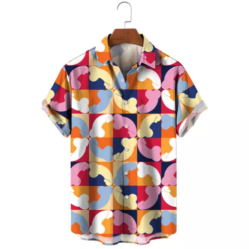 Mens Novelty Button Shirt Fun 3D Printed Short Sleeve T-Shirt Hawaiian Beach-Top - Picture 7 of 17