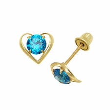 Baby Girl Round Topaz Heart Shape Stud Earrings Screw Back 14K Yellow Gold