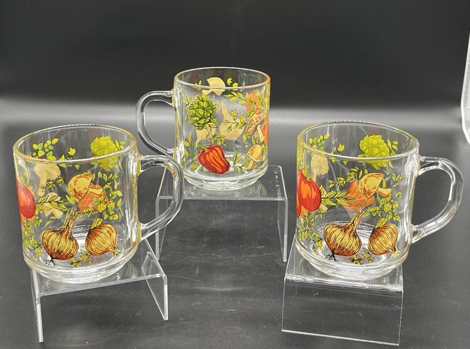 Vintage Spice of Life Glass Mug Set - 3 Mushroom & Veggie Garden Designs  