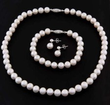 8-9mm Genuine Natural White Freshwater Pearl Necklace Bracelet Earrings Set 18"