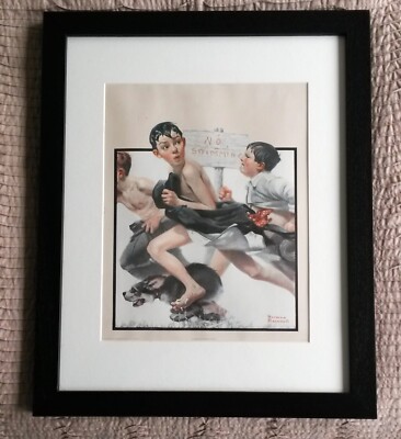 Vintage Norman Rockwell Framed and Glazed Print ''NO SWIMMING'' C1982