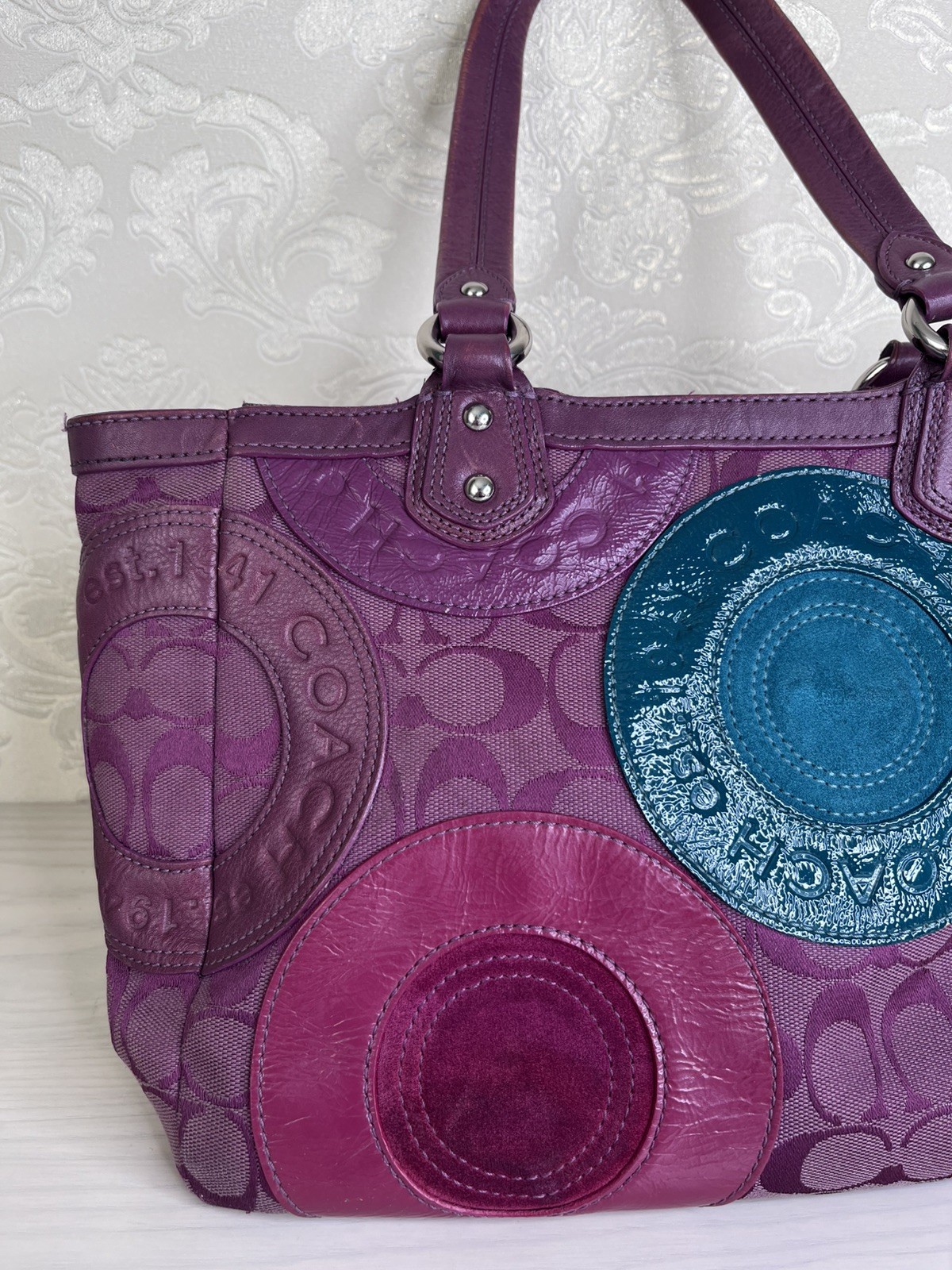 Coach Circle Patchwork Berry/Multicolor Tote Hand… - image 2