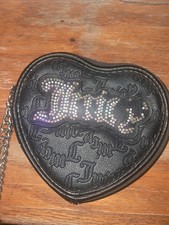 Juicy Couture Zip-Around Heart Coin Wallet w/ Chain Rhinestone Logo Black/Beige