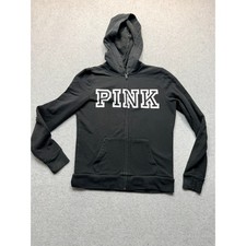 Victorias Secret PINK Full Zip Hoodie Black White Logo Sweatshirt Small