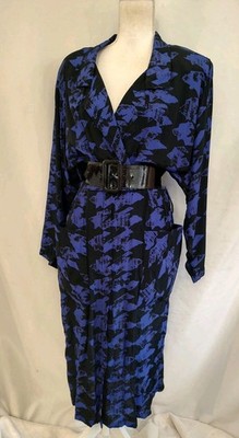 80's Vintage Dress Barbara Barbara California  Rayon Blue Black Tapered Shirt 8