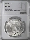 1924-P  $1 PEACE SILVER DOLLAR  "PHILADELPHIA MINT"   NGC MS62 #8678139-016