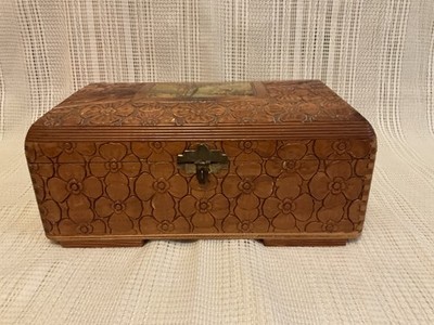 Vintage Carved Footed Wooden Treasure Chest Jewelry Box w mirror