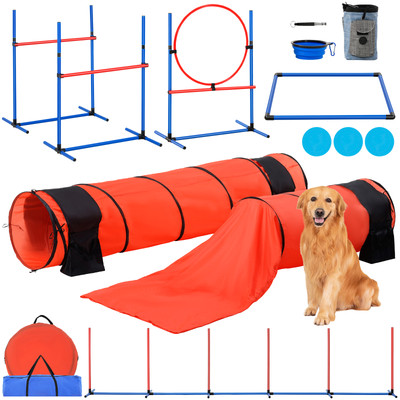 Dog Agility Training Kit Equipment 7 PCS Upgrade w/ Hurdles 2 Tunnels Ring