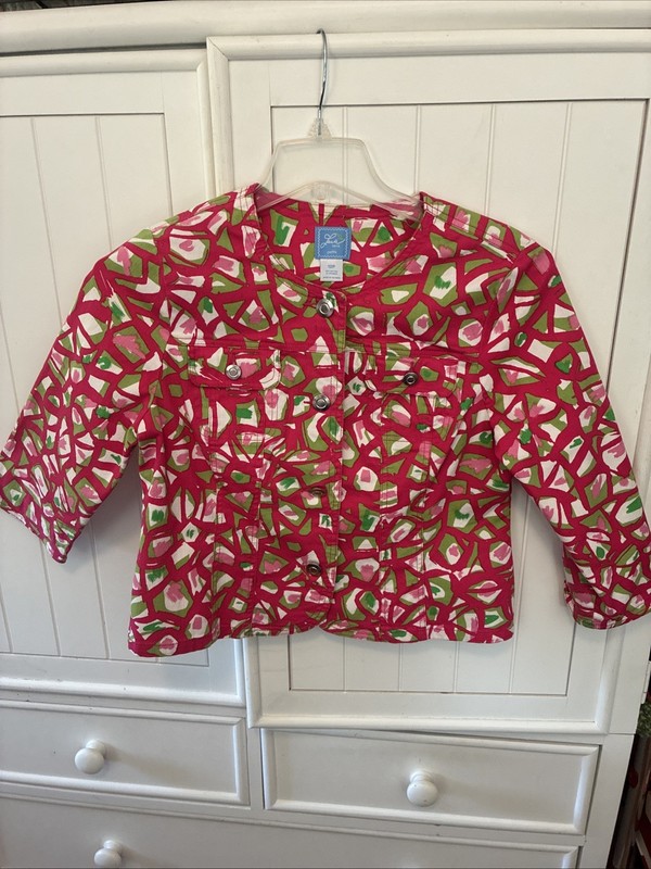 Lark Lane Cropped Denim Jacket Womens Size 12P Pink Green Print Silver Buttons