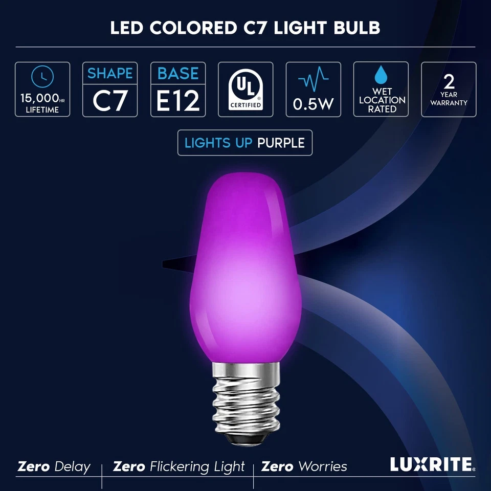6 Pack Purple C7 Replacement Bulbs, 5W E12 Base for Outdoor String Lights - Image 3 of 4
