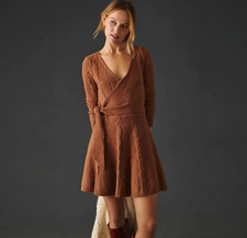 NWT Anthropologie Greylin Wrap Sweater Mini Dress Size S Brown Cable Knit