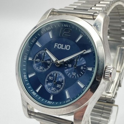 Folio Men's Watch 41mm Silver Tone Blue Dial Round New Battery 8''