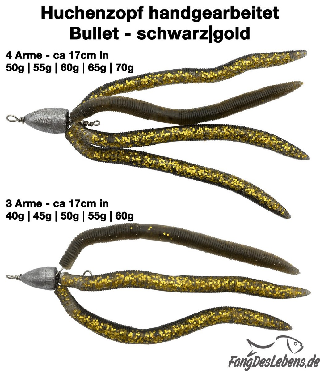 Huchen Zopf handgearbeitet - Schwarz|Gold Bullet 17cm Köder, Raubf., 3 o 4 Arme