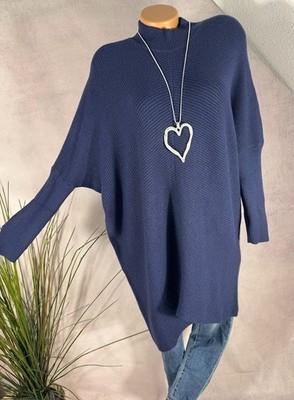 Damen Oversize long Pullover Strick Tunika Kleid Rollragen Marineblau 38-42