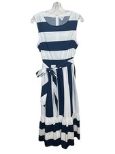J Crew Sz 10 Navy White Striped Midi Dress Coastal Nautical Belt Cotton Preppy
