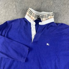 Burberry London Mens Blue Long Sleeve Rugby Shirt Nova Check Collar UK Made Lrg