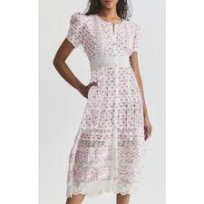 LoveShackFancy Tamsin Pink Ivory Puff Sleeve Floral Lace Cotton Midi Dress