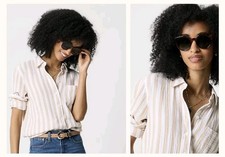 J.Crew Striped Linen Blend Button Up Shirt Size Large Vintage Sandstone White