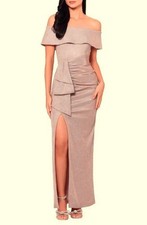 Xscape Blush Silver Metallic Ruffle Off the Shoulder Sheath Gown Size 4 $278