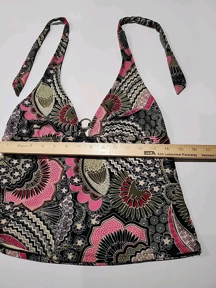 Camiseta Tankini Sand N Sun Halter Floral y Geométrica Rosa Negro Verde Sin Etiquetas de Talla Foto 4 de 4