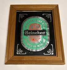 Vintage Heineken Beer Sign - Glass - 1980s - Reverse Painted - Wood Frame RARE!
