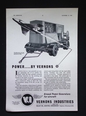 Original 1953 Werbung Vernons Industries Bodenstromgenerator Flugzeug