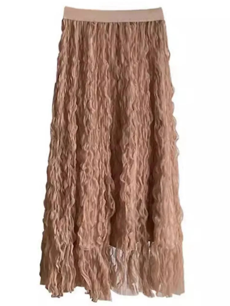 New In Women's Tulle Wave Pleated High Waisted A-Line Skirt 2024 Spring Summer K