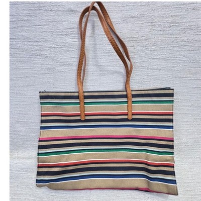 Talbots Multi Color Striped Canvas Tote Bag Leather Trim Navy Tan Pink Green