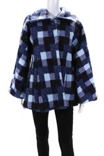 Pure Essence Womens Tweed Plaid Collared Button Up Coat Jacket Blue Size M