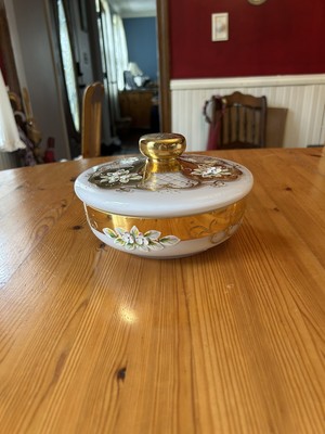 Bohemian Crystal Czech Republic Hand Painted White And Gold Candy Dish