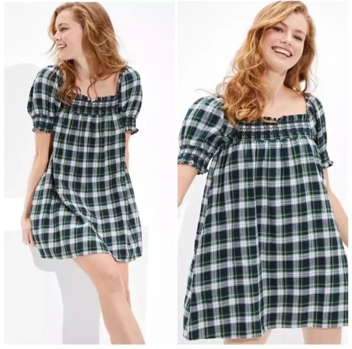 american eagle green plaid dress Size Small Green/Blue handkerchief hem dress