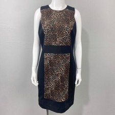 Michael Kors Leopard Print Sheath Dress Size 8 Black Sleeveless Career Y2K Glam