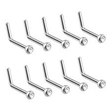 10 PCs Clear CZ Gem L Bend Press Fit 20G Stud Nose Screw Ring Nose Piercing Lot