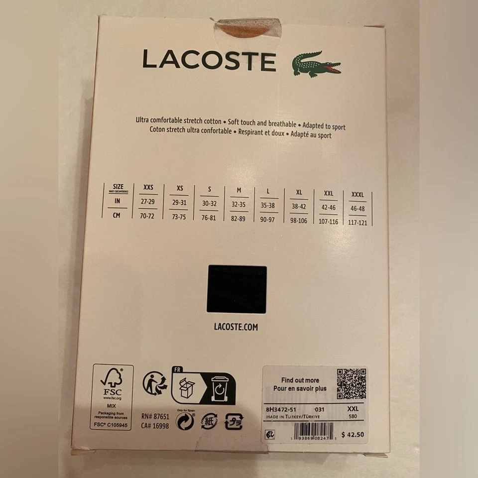 Lacoste 3 Pack Men’s Briefs Casual Cotton Stretch Black Size XXL 42-46 - Image 2 of 4