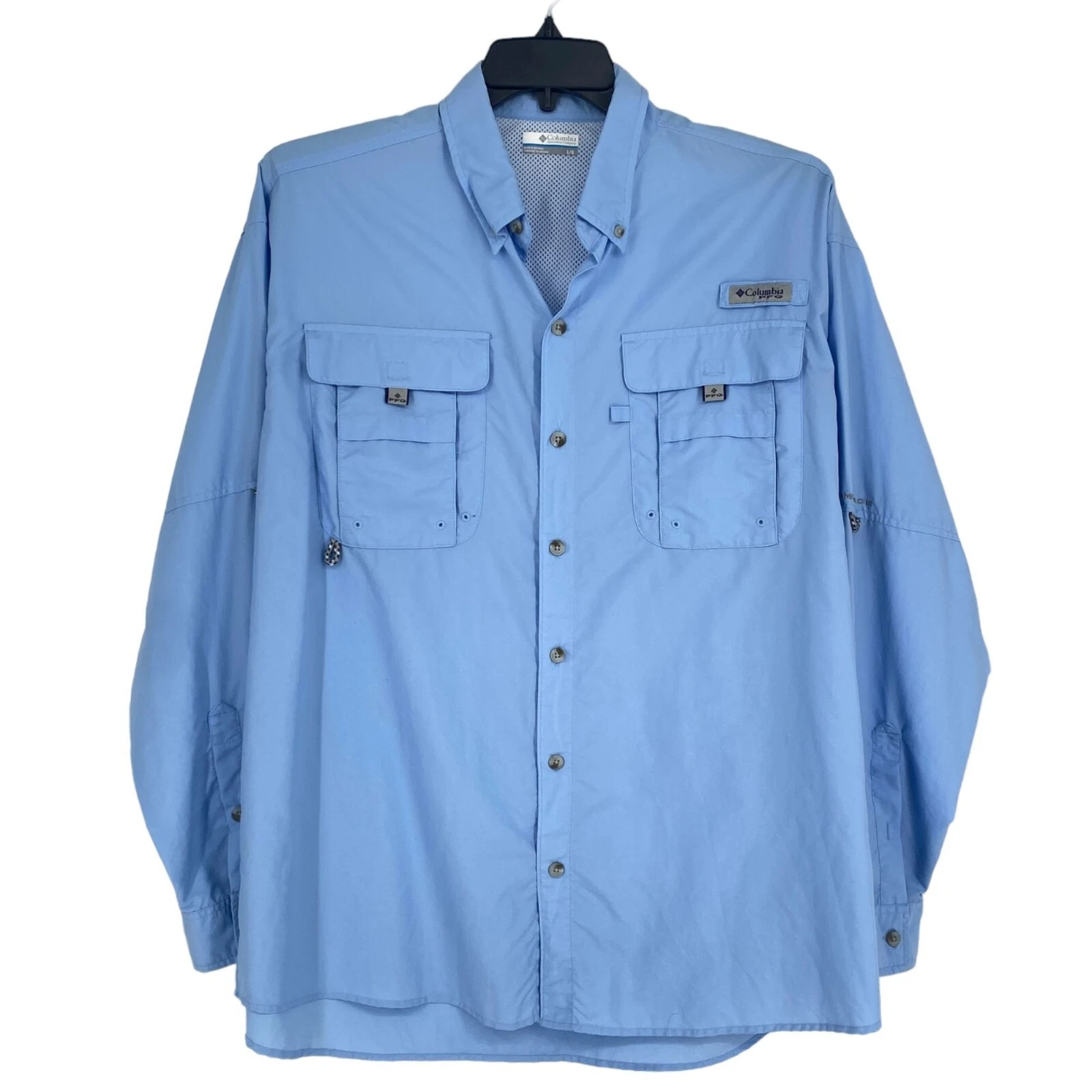 Columbia Mens L PFG Omni-Shade Blue Fishing Shirt Long Sleeve Button Up Vented