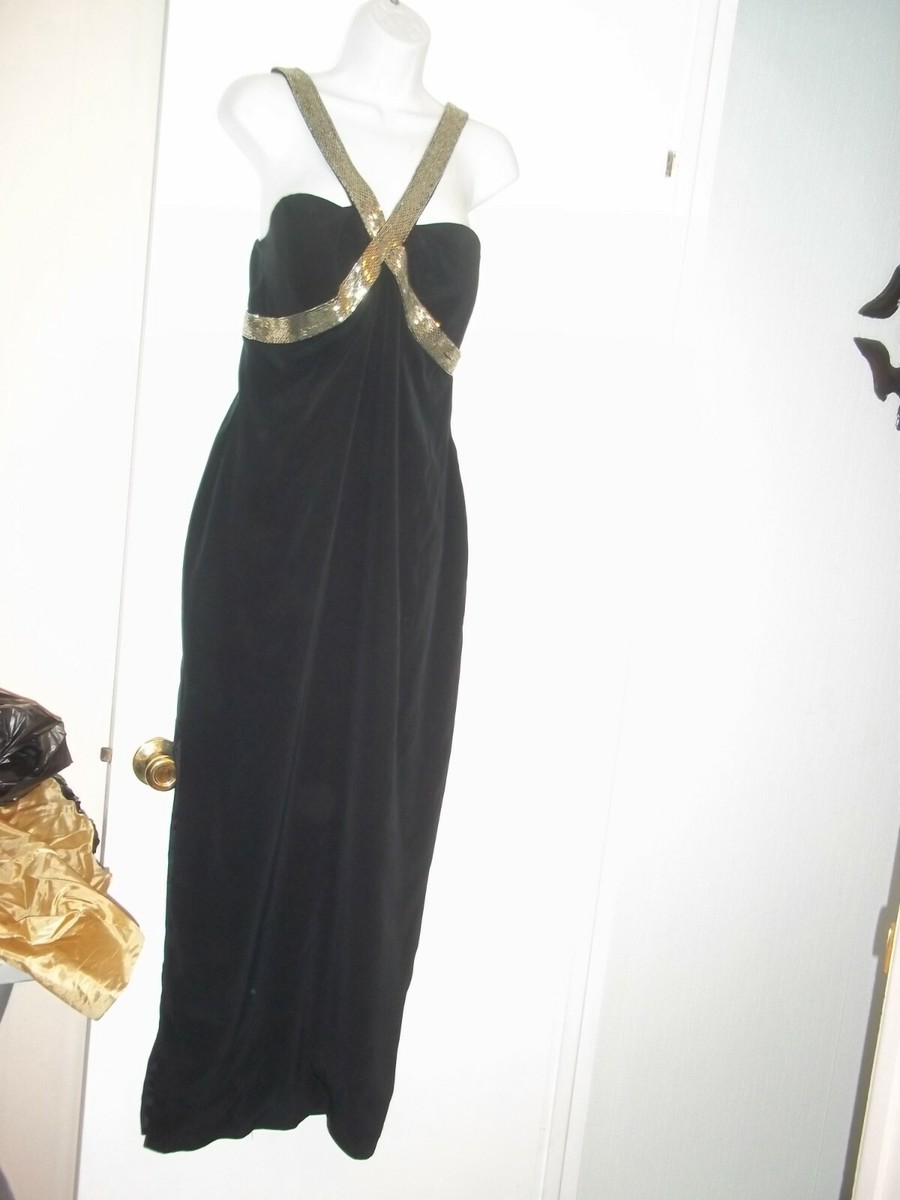 Cache Evening Gown Black Criss Cross Gold Beaded Bodice~SZ. 10" Slit~EUC