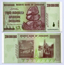 Zimbabwe 200 Million Dollars Banknote AA+ 2008 Uncirculated 100 Trillion Series
