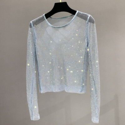 Women Crystal Mesh Blouse Hollow Out Tops Shiny Sheer T