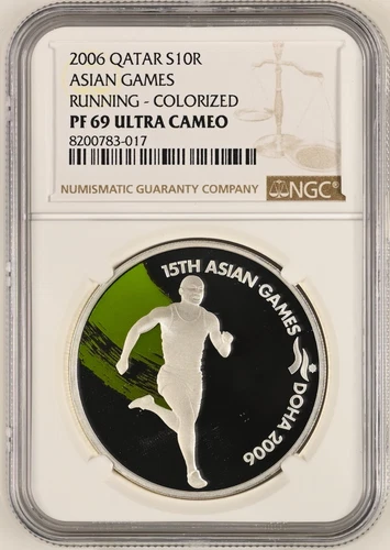 QATAR 10 Riyals 2006 Silver NGC PF69 Asian Games Running Femi Ogunode